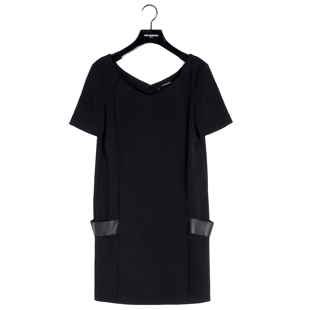 The Kooples Black Short Sleeve Mini Shift Black Lambskin Leather Pleated Dress L